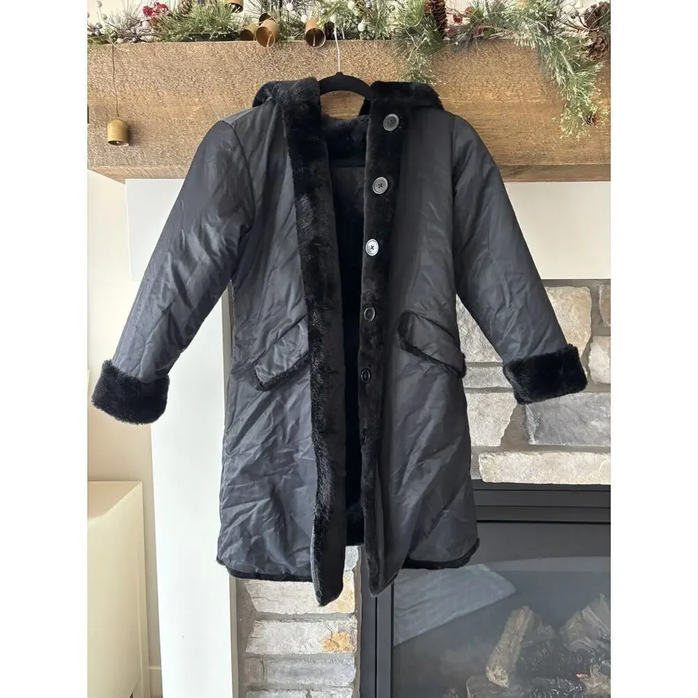 The Children's Place Jacket Girls L 10/12 Black Fur Nylon Hooded Reversible City